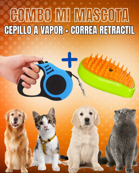 combo mi mascota CEPILLO A VAPOR + CORREA RETRACTIL